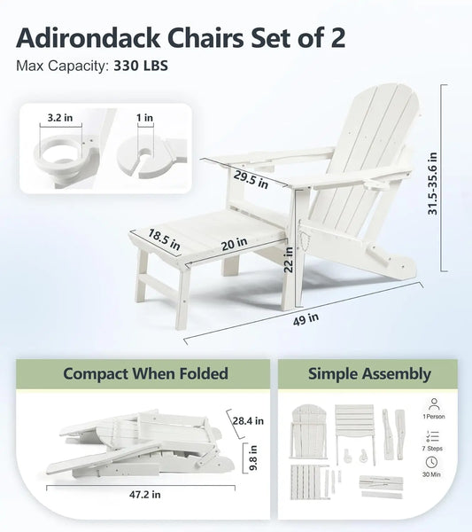 Adjustable Folding Adirondack Chairs Set of 2 with Retractable Ottoman
