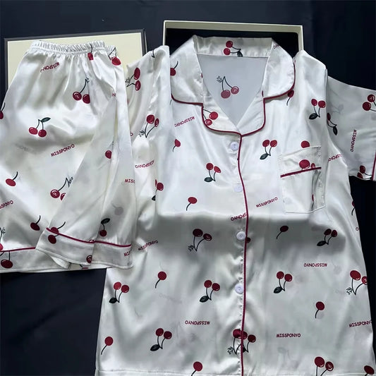 2 Pieces Print Sleepwear Faux Silk Satin Nightwear