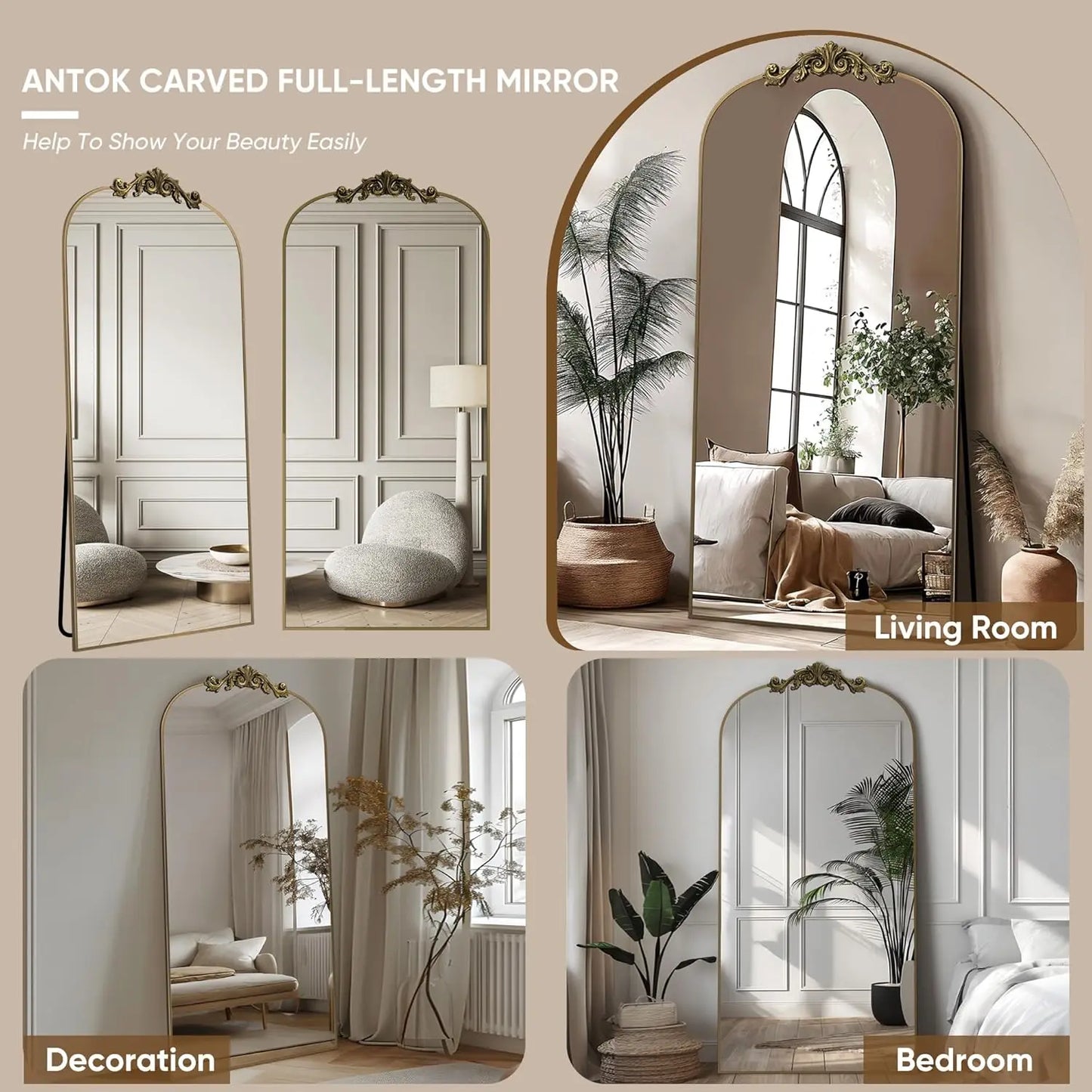 Arched Full Length Mirror, 71x28 Floor Mirror with Carved Frame