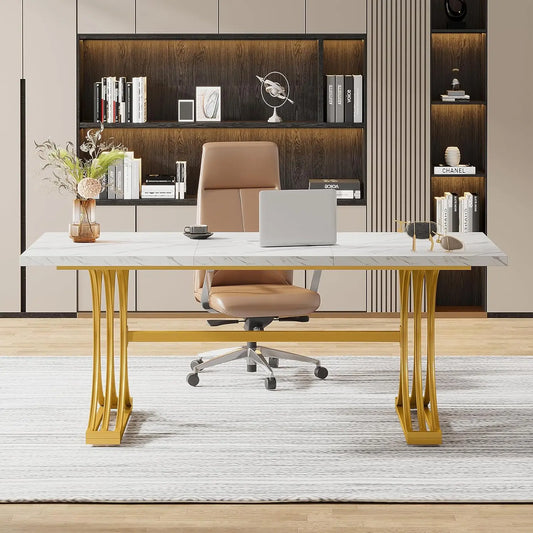 Modern Executive Desk with Stylish Gold Legs And Faux Marble Top