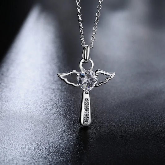 Fine 925 Sterling Silver Angel Crystal Cross Pendant Necklace