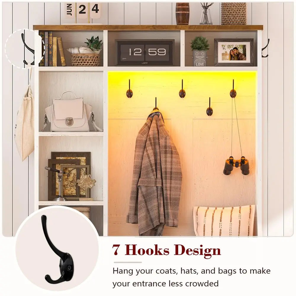 Entryway Bench and Shoe Storage, With Coat Racks and Led Lights