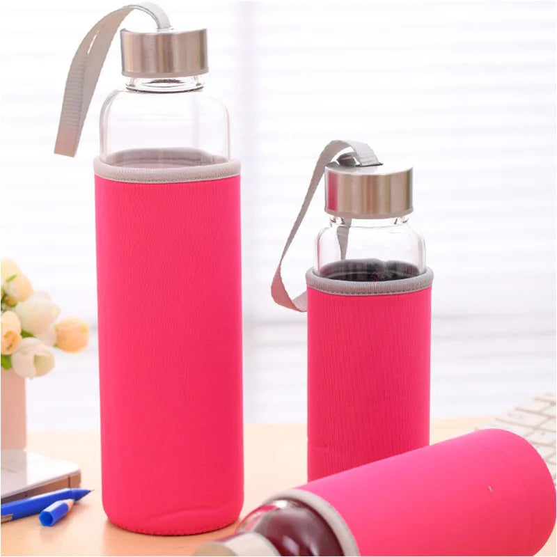 Glass Water Bottle with Stainless Steel Lid and Protective Bag