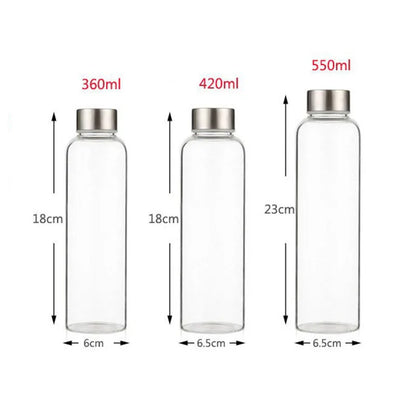 Glass Water Bottle with Stainless Steel Lid and Protective Bag