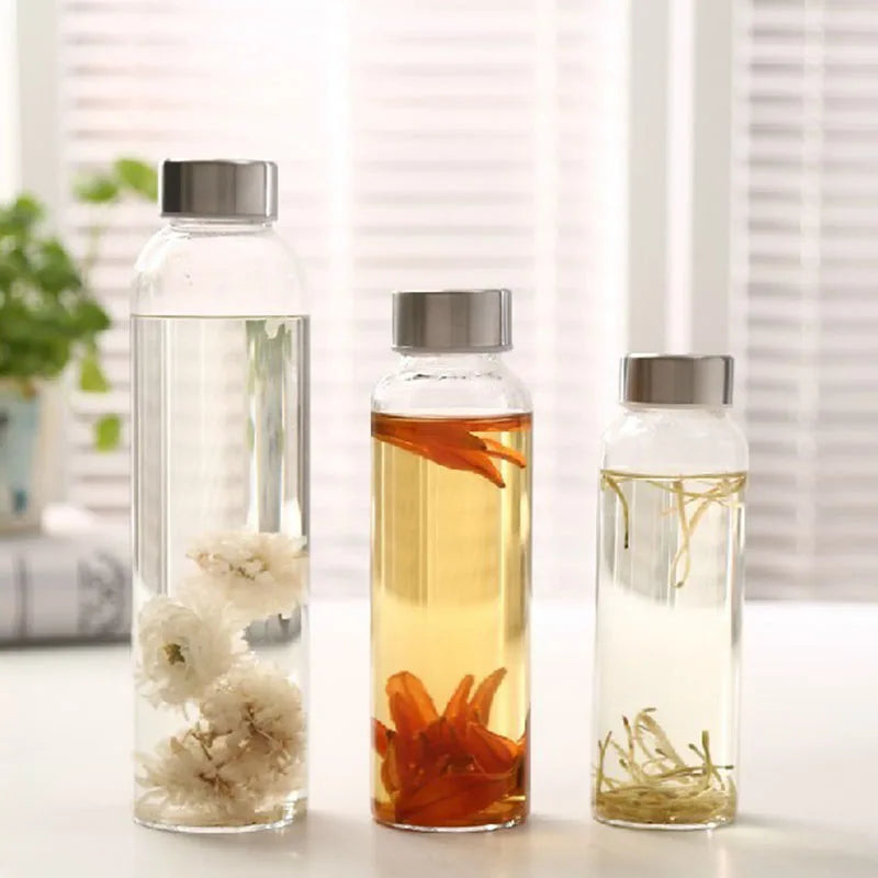 Glass Water Bottle with Stainless Steel Lid and Protective Bag