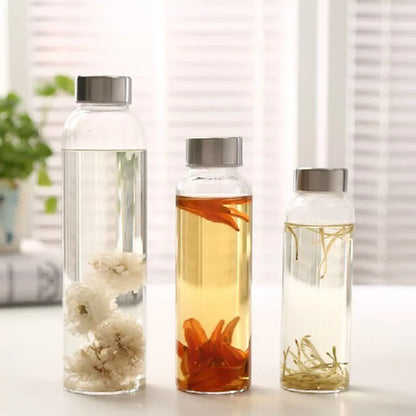 Glass Water Bottle with Stainless Steel Lid and Protective Bag