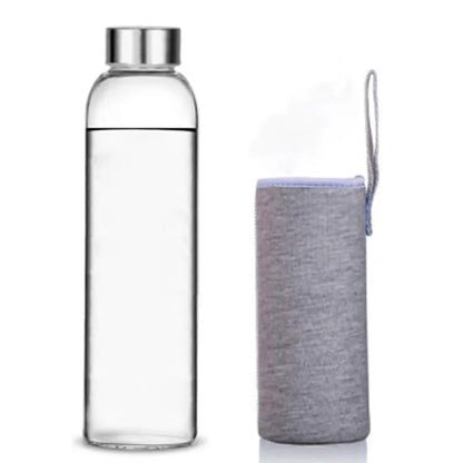 Glass Water Bottle with Stainless Steel Lid and Protective Bag