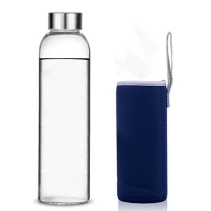 Glass Water Bottle with Stainless Steel Lid and Protective Bag