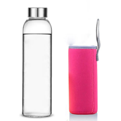 Glass Water Bottle with Stainless Steel Lid and Protective Bag