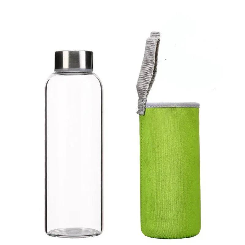 Glass Water Bottle with Stainless Steel Lid and Protective Bag
