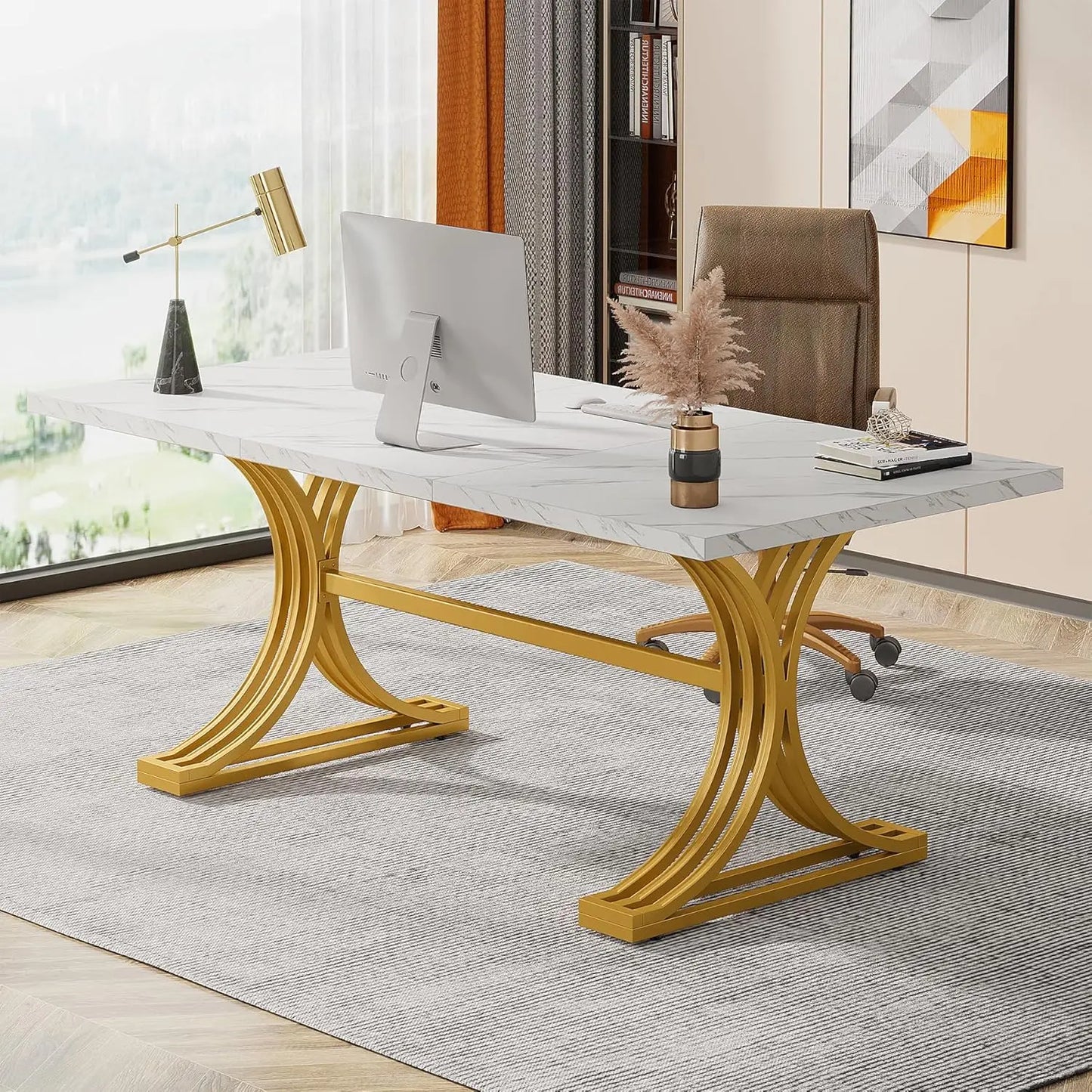 Modern Executive Desk with Stylish Gold Legs And Faux Marble Top
