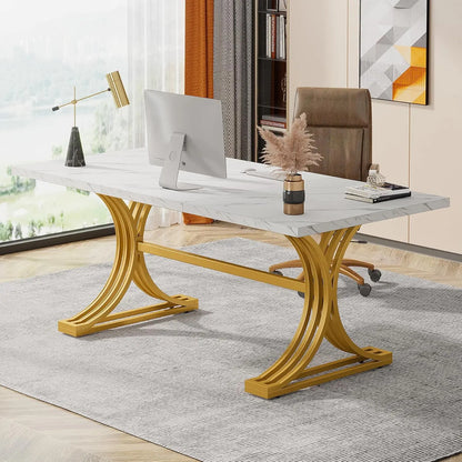 Modern Executive Desk with Stylish Gold Legs And Faux Marble Top