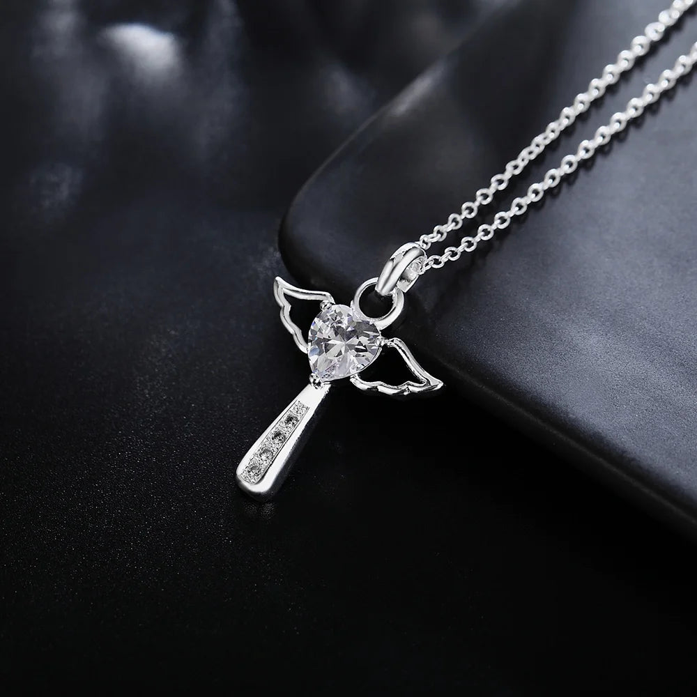 Fine 925 Sterling Silver Angel Crystal Cross Pendant Necklace