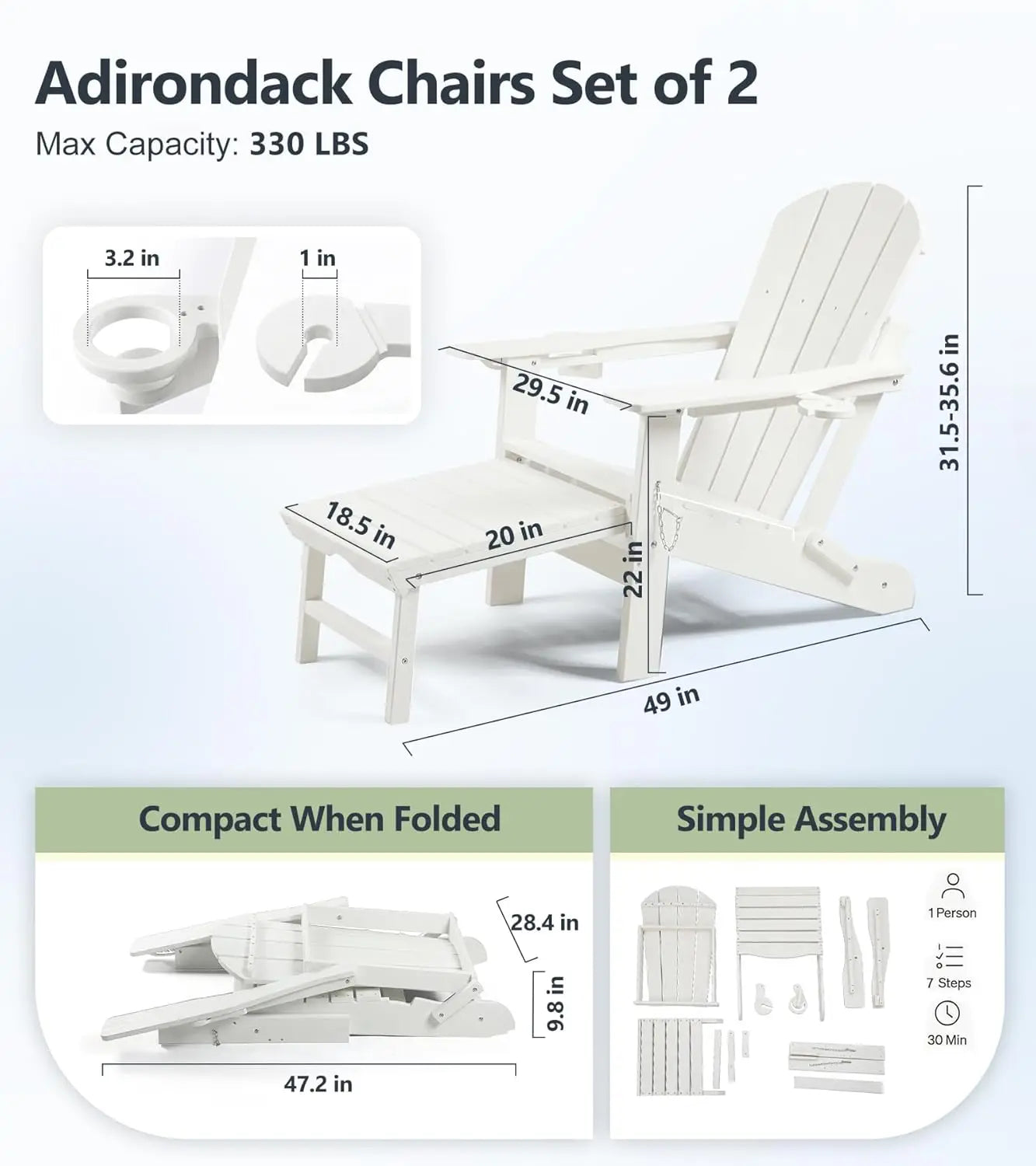 Adjustable Folding Adirondack Chairs Set of 2 with Retractable Ottoman