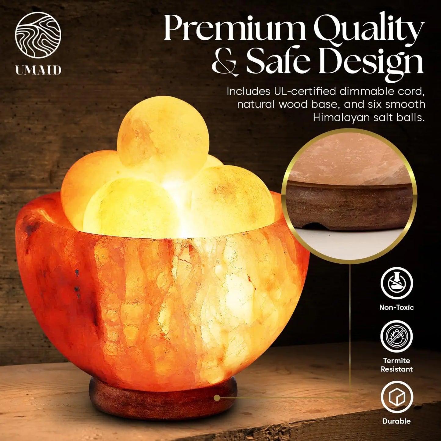 Dimmable Himalayan Salt Lamp Bowl with 6 Massage Balls