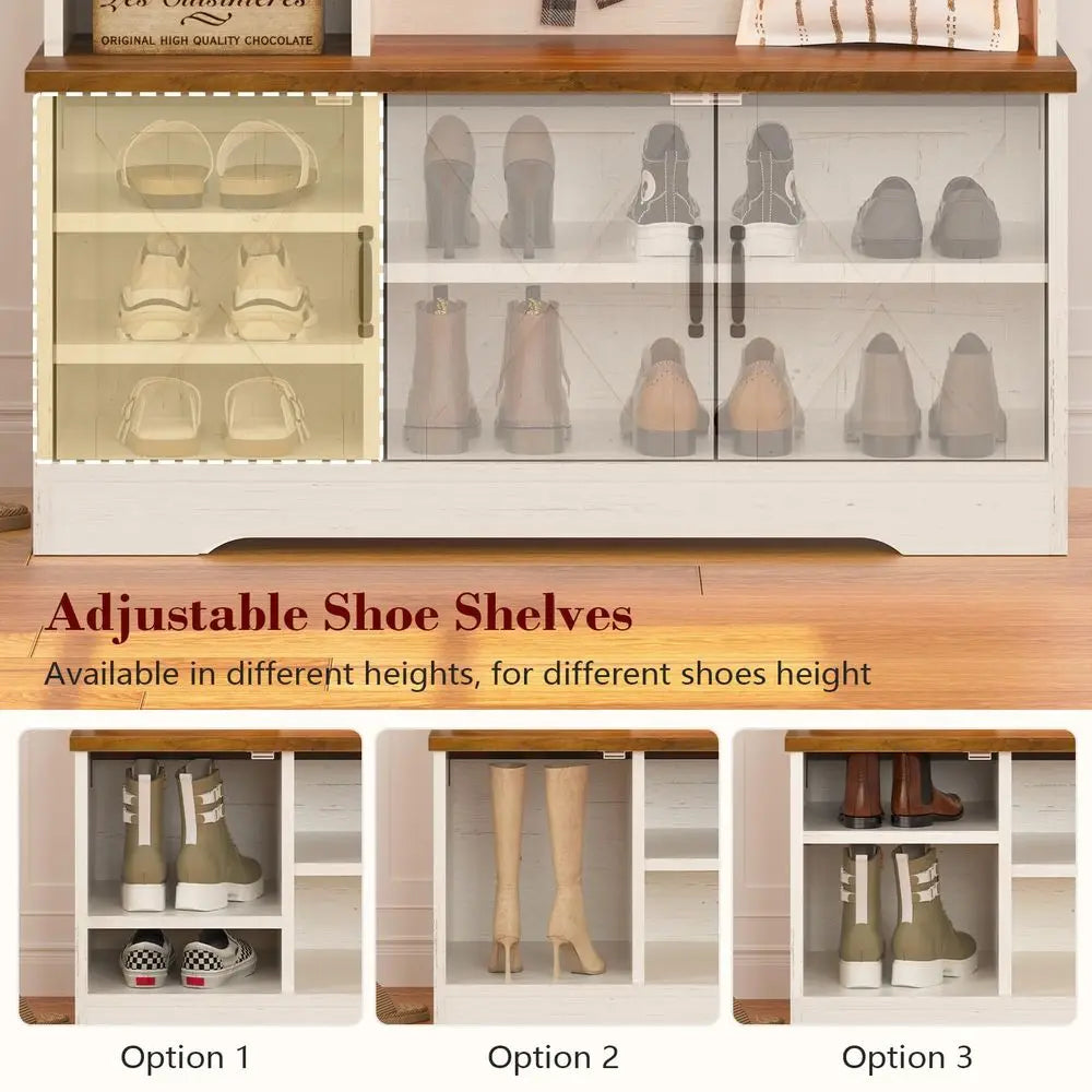 Entryway Bench and Shoe Storage, With Coat Racks and Led Lights