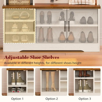 Entryway Bench and Shoe Storage, With Coat Racks and Led Lights