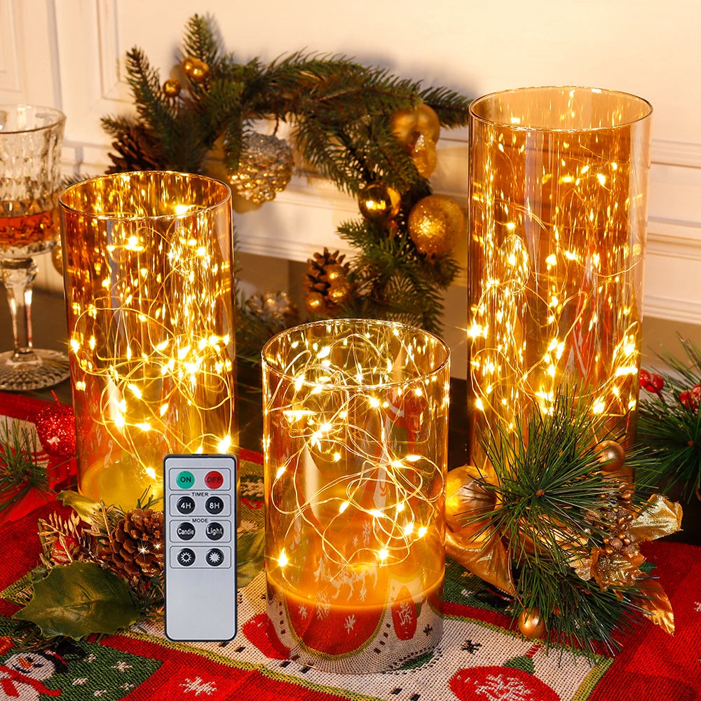 3Pcs Glass Flameless Candles LED Battery Powered Candles Fairy Light