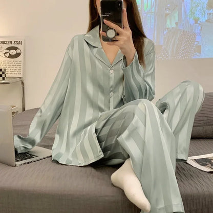 Striped Satin Pajamas Women Jacquard Loungewear