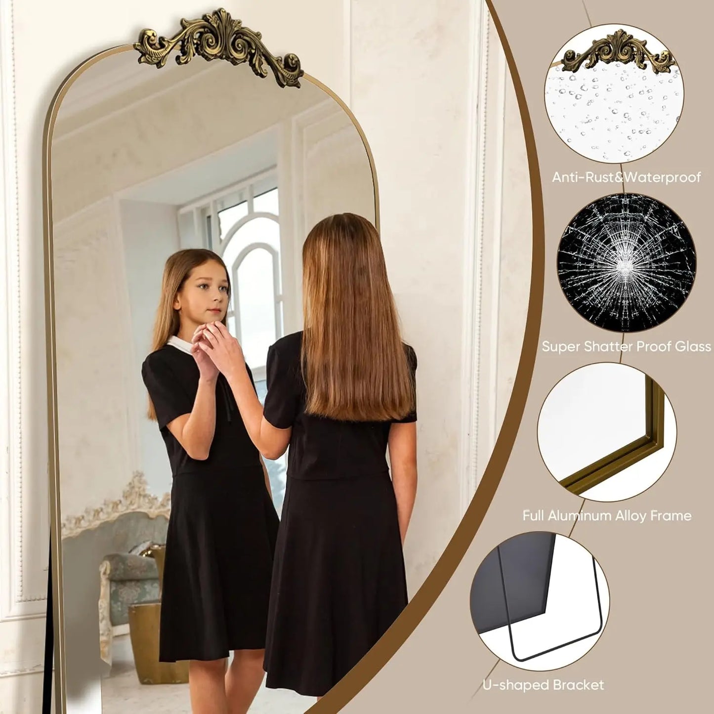 Arched Full Length Mirror, 71x28 Floor Mirror with Carved Frame