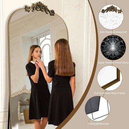 Arched Full Length Mirror, 71x28 Floor Mirror with Carved Frame