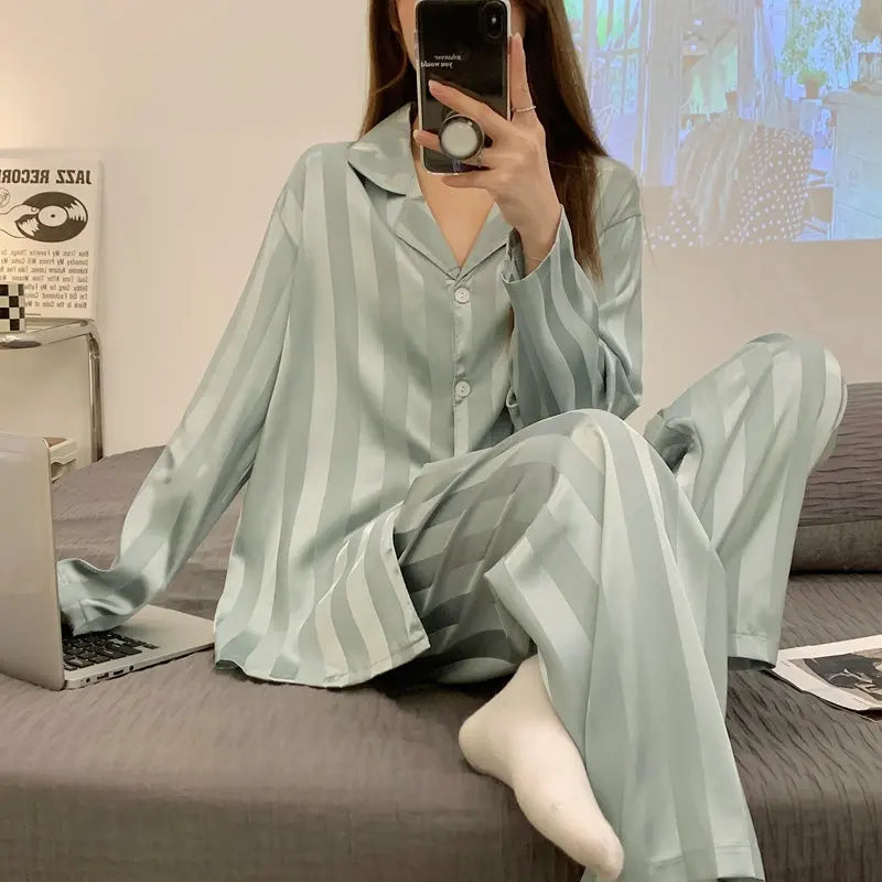 Striped Satin Pajamas Women Jacquard Loungewear