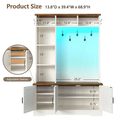 Entryway Bench and Shoe Storage, With Coat Racks and Led Lights
