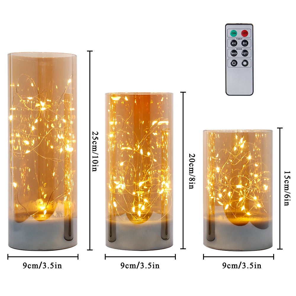 3Pcs Glass Flameless Candles LED Battery Powered Candles Fairy Light