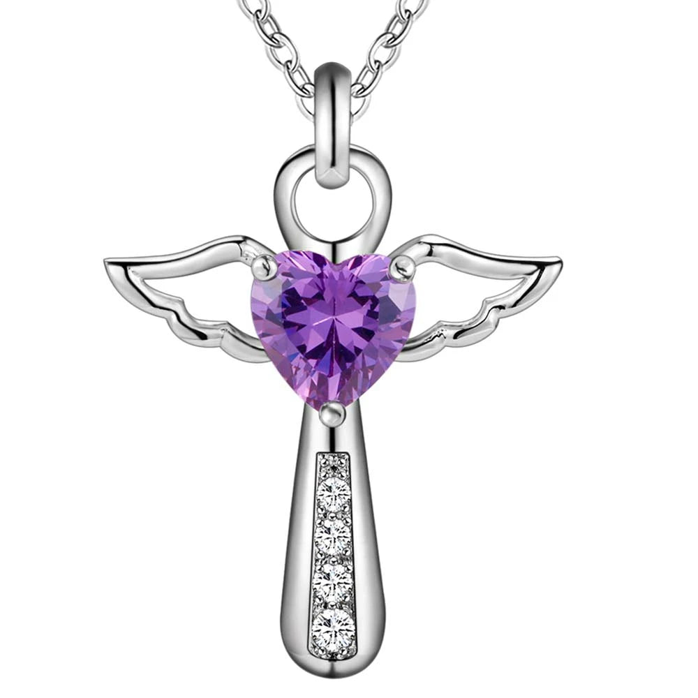 Fine 925 Sterling Silver Angel Crystal Cross Pendant Necklace