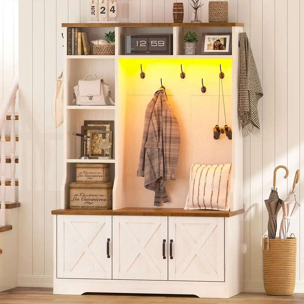 Entryway Bench and Shoe Storage, With Coat Racks and Led Lights