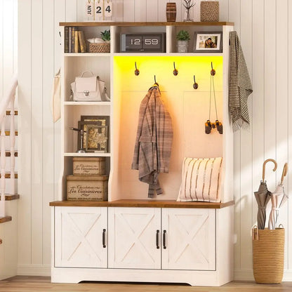 Entryway Bench and Shoe Storage, With Coat Racks and Led Lights