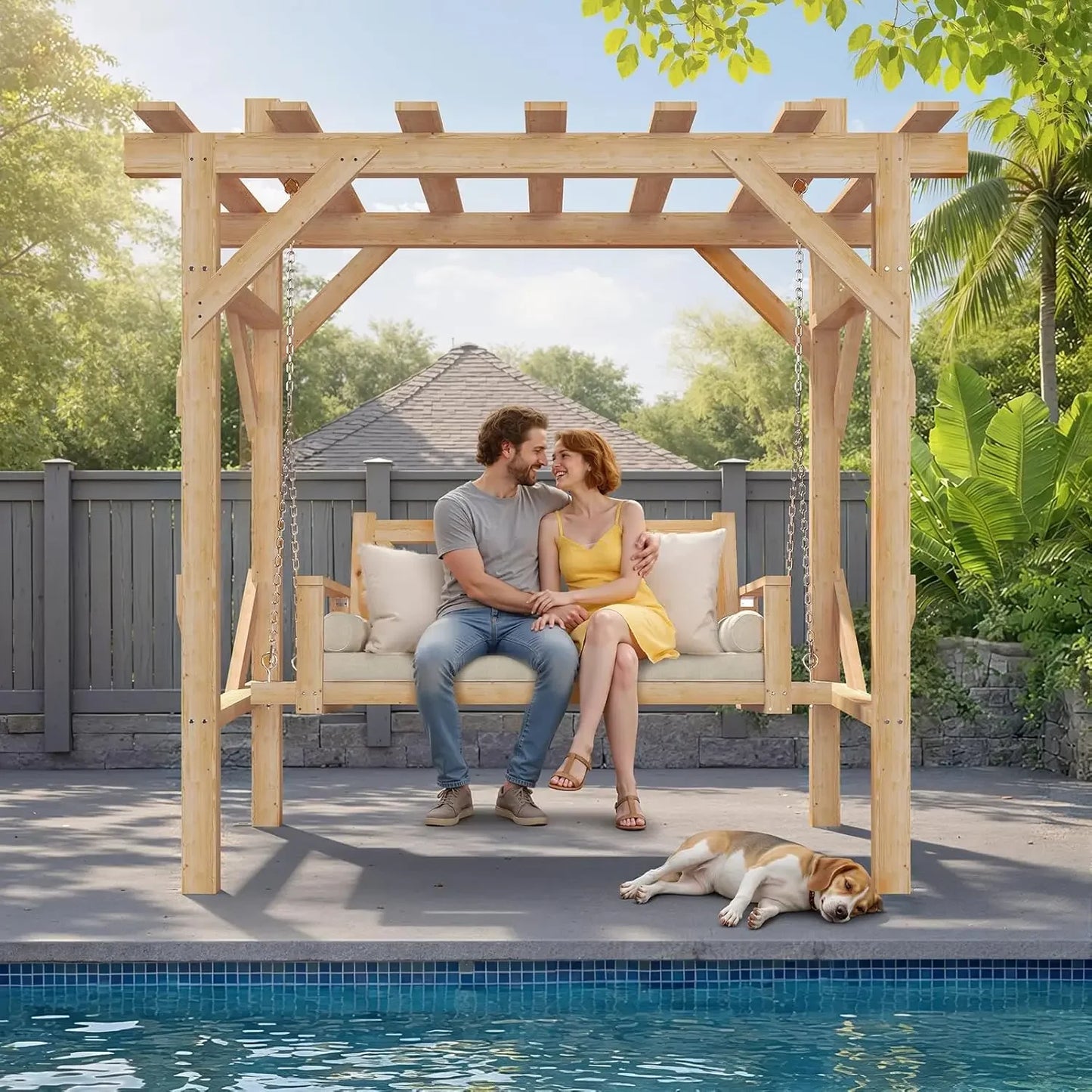 Cedar Wood Outdoor Pergola Swing Bench