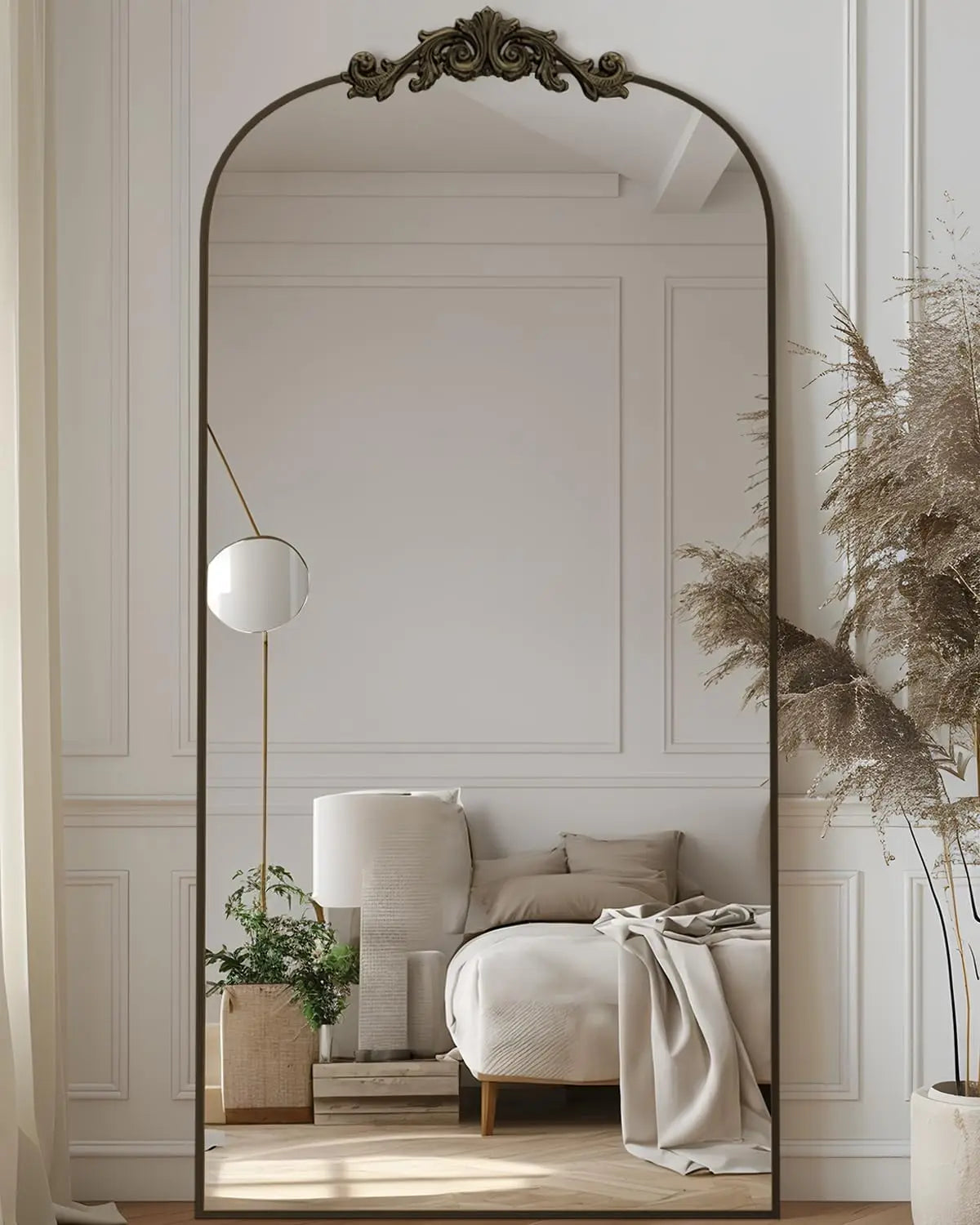 Arched Full Length Mirror, 71x28 Floor Mirror with Carved Frame