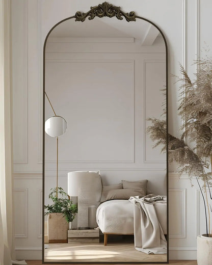 Arched Full Length Mirror, 71x28 Floor Mirror with Carved Frame