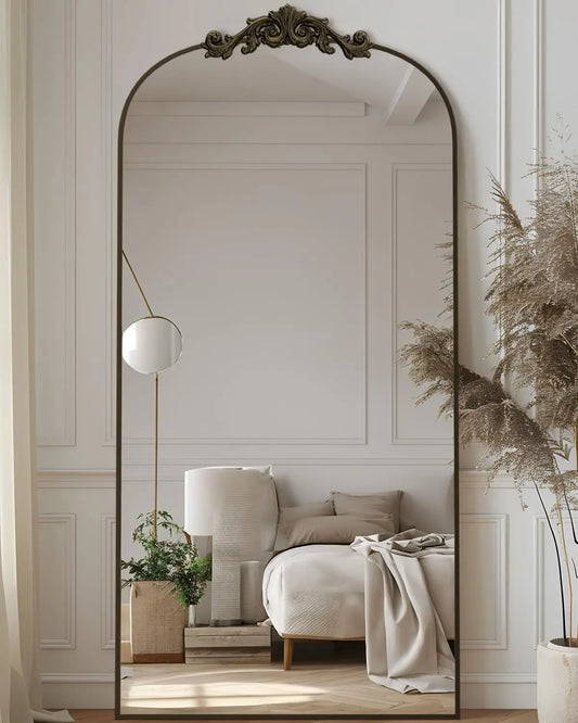 Arched Full Length Mirror, 71x28 Floor Mirror with Carved Frame