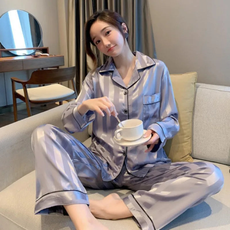 Striped Satin Pajamas Women Jacquard Loungewear
