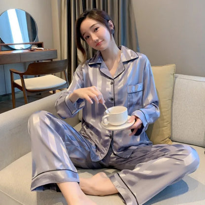 Striped Satin Pajamas Women Jacquard Loungewear