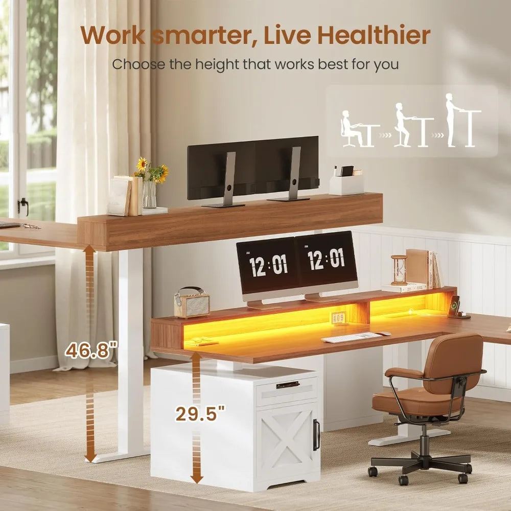 Adjustable Height Standing Desk With Drawers, Power Outlet & LED Lights