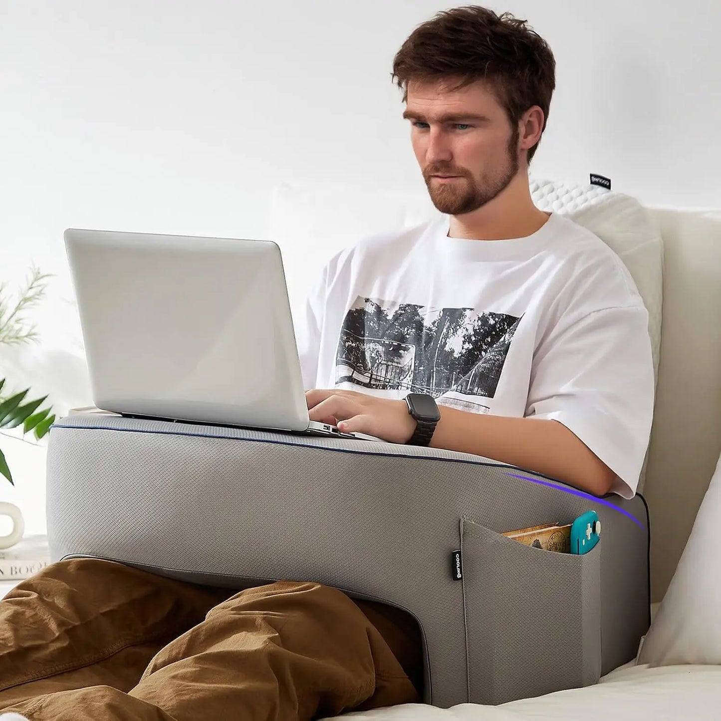 Memory Foam Lap Desk Pillow with Armrests and Pocket