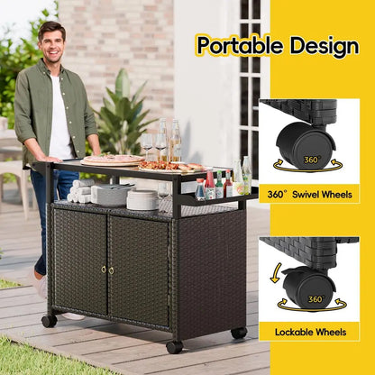 Outdoor Bar Cart With Tempered Glass Top And Storage On Wheels