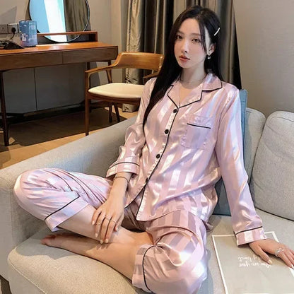 Striped Satin Pajamas Women Jacquard Loungewear