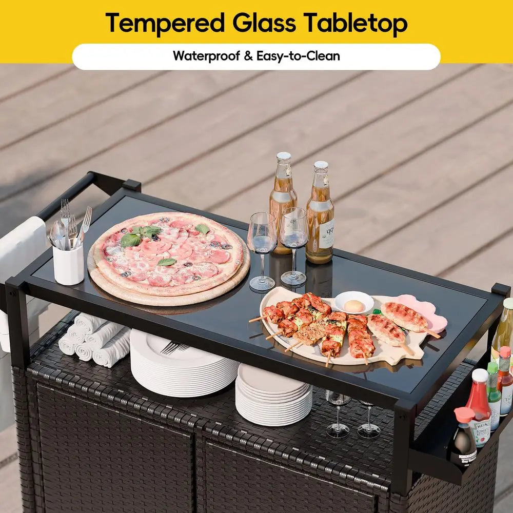 Outdoor Bar Cart With Tempered Glass Top And Storage On Wheels