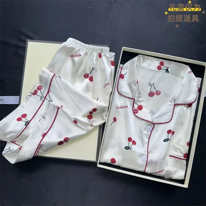 2 Pieces Print Sleepwear Faux Silk Satin Nightwear
