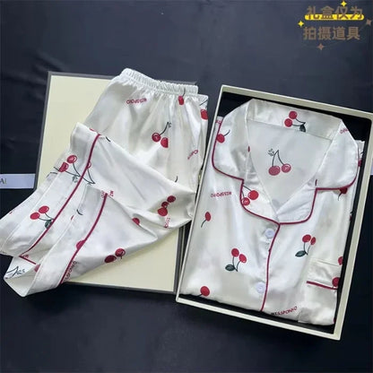 2 Pieces Print Sleepwear Faux Silk Satin Nightwear