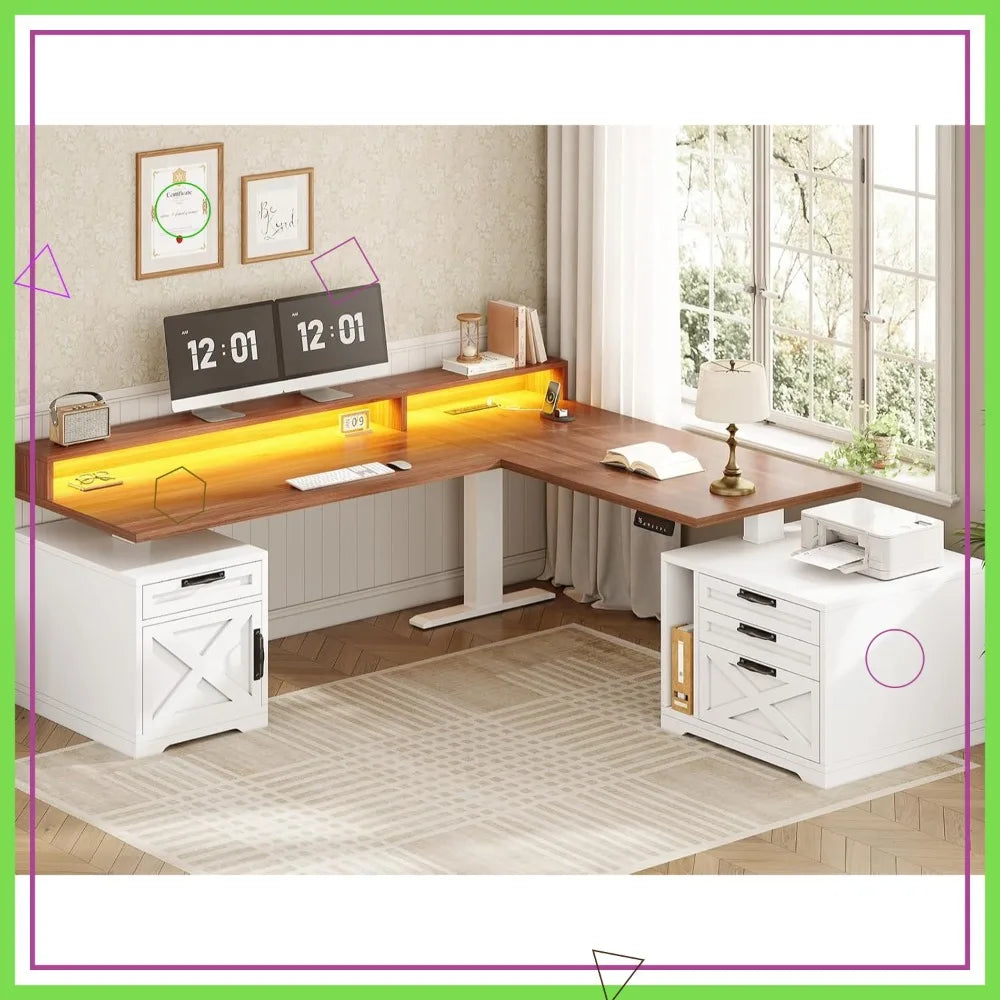 Adjustable Height Standing Desk With Drawers, Power Outlet & LED Lights