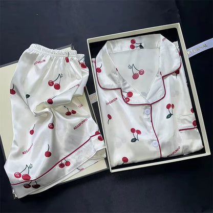 2 Pieces Print Sleepwear Faux Silk Satin Nightwear