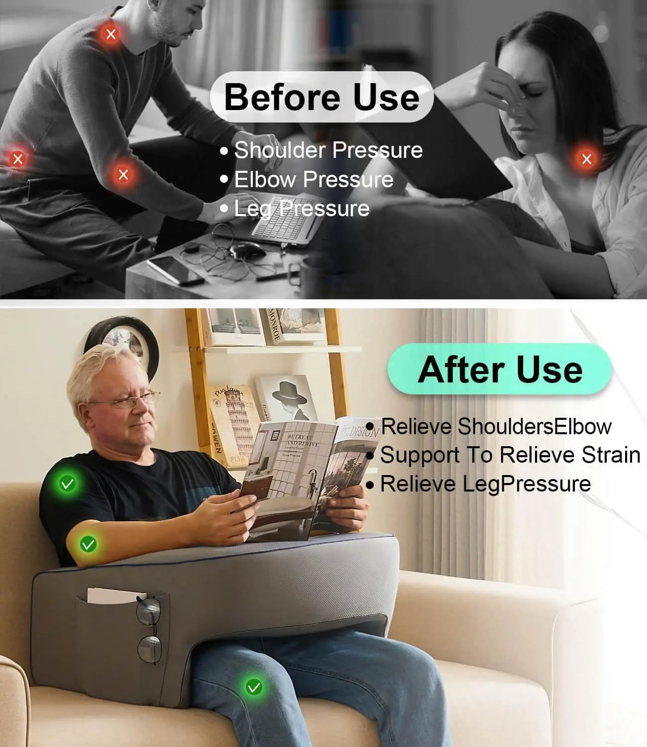 Memory Foam Lap Desk Pillow with Armrests and Pocket