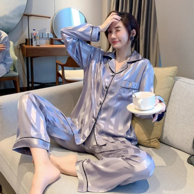 Striped Satin Pajamas Women Jacquard Loungewear