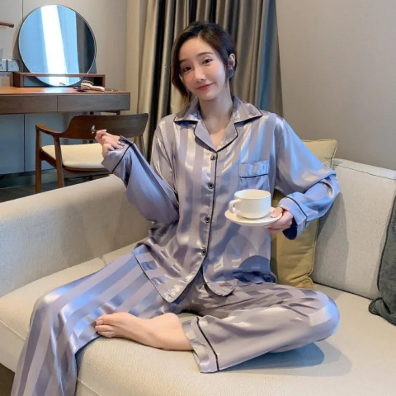 Striped Satin Pajamas Women Jacquard Loungewear