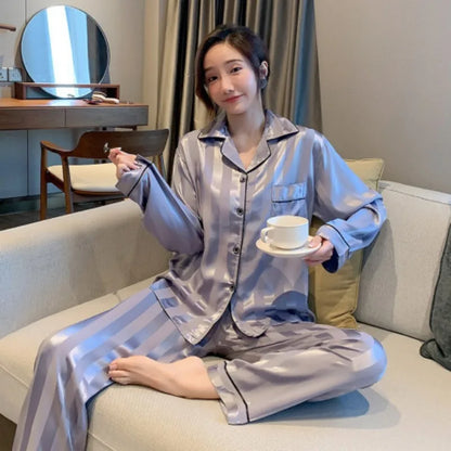 Striped Satin Pajamas Women Jacquard Loungewear